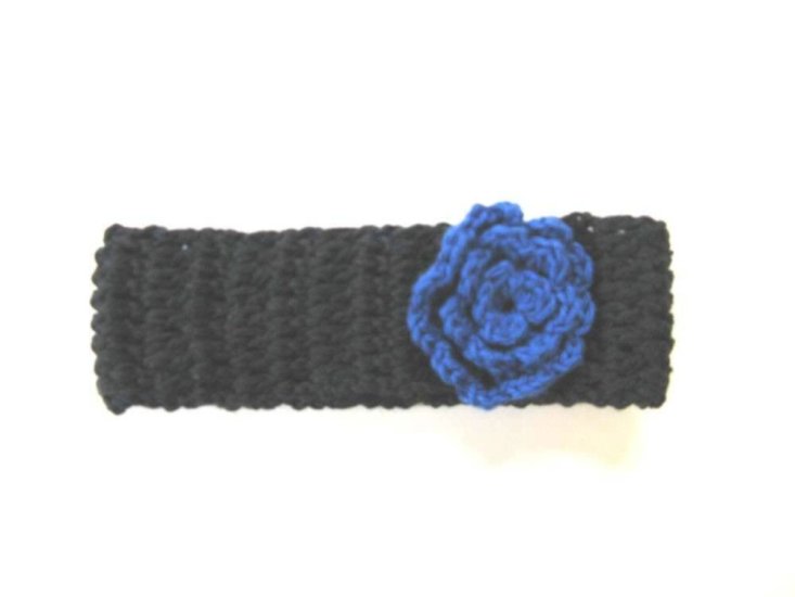 KSS Black Cotton Crocheted Headband Blue Flower 14-16
