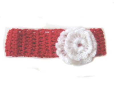KSS Red Crocheted Cotton Headband White Flower 14-16"