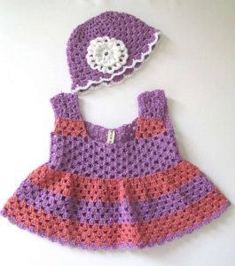 KSS Purple/Tangerine Crocheted Dress and Cap 12 Months