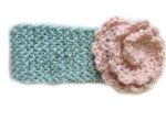 KSS Turquoise Knitted Head Band, Pink flower 14-16"