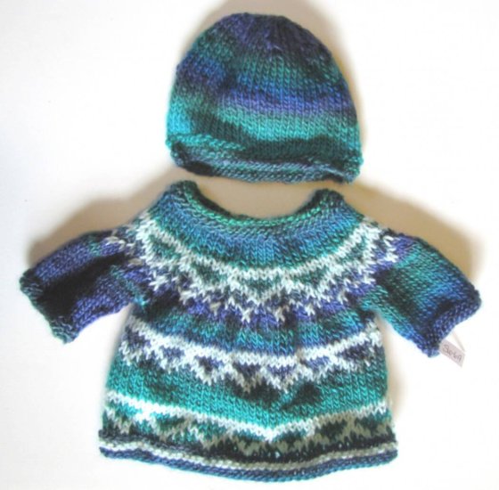 KSS Blue/Green/White Pullover Sweater with a Hat (6 Months) SW-617 - Click Image to Close