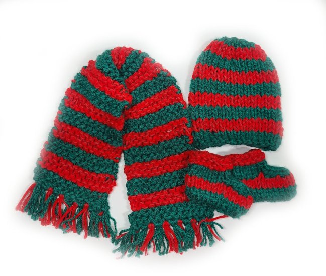 KSS Red & Green Knitted Hat, Booties and Scarf Set 10-13" (3M) SC-024