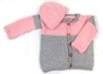 KSS Hand Knit Heavy Pink/Grey Baby Girl Sweater/Jacket with Hat (12-18M)