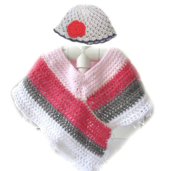 KSS Pink, Grey & White Striped Poncho 0 - 6 Years - Click Image to Close