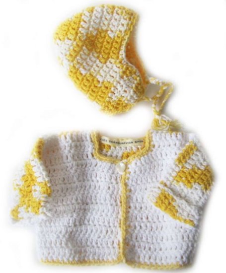 KSS White/Yellow Cotton Sweater/Jacket and Hat (6-9 Months) - Click Image to Close