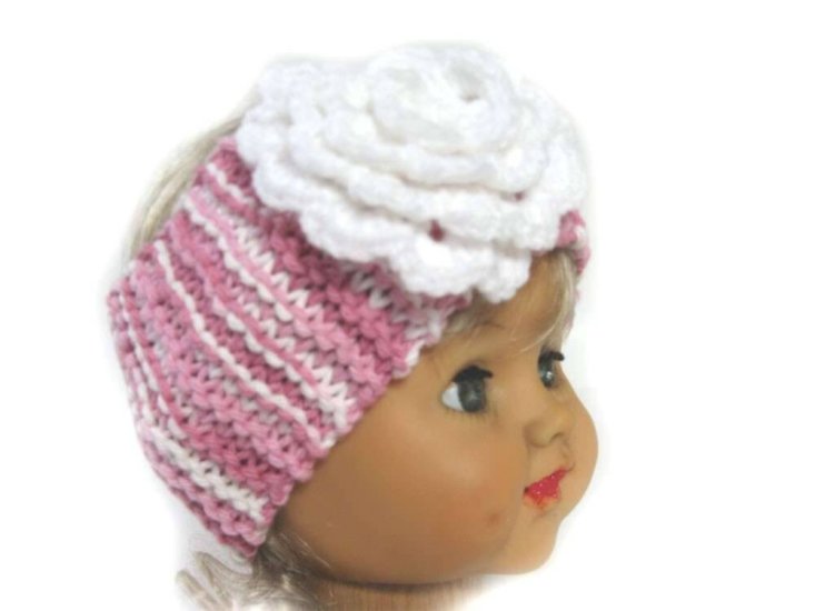 KSS Pink Knitted Headband with White Flower 15-18" - Click Image to Close