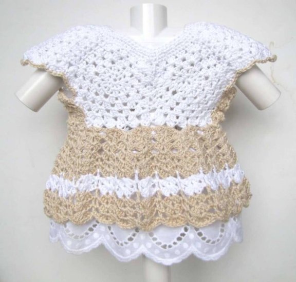 KSS Crocheted White/Natural Cotton Baby Dress & Cap 6 Months DR-127