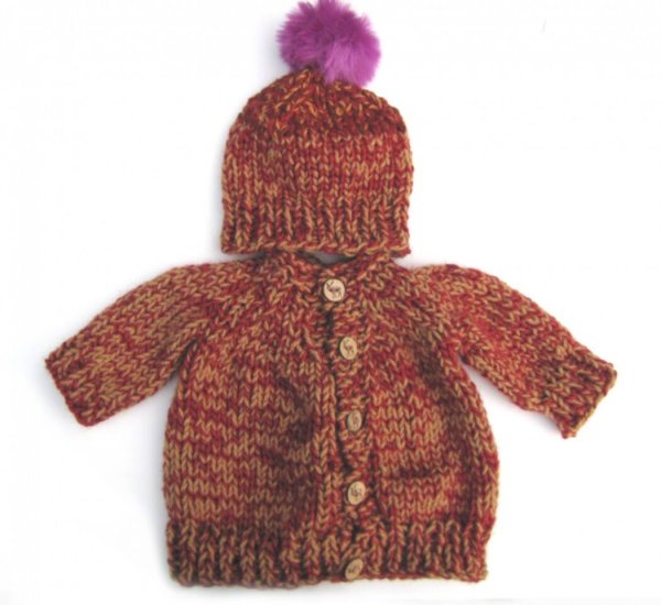 KSS Heavy Dark Red Knitted Sweater/Jacket & Hat 12-18 Months SW-655 - Click Image to Close