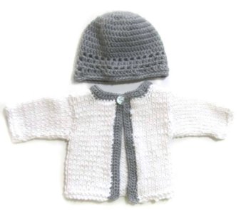 KSS White/Grey Cotton Sweater/Cardigan with a Hat Newborn