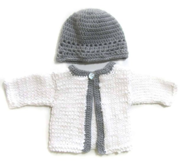 KSS White/Grey Cotton Sweater/Cardigan with a Hat Newborn - Click Image to Close