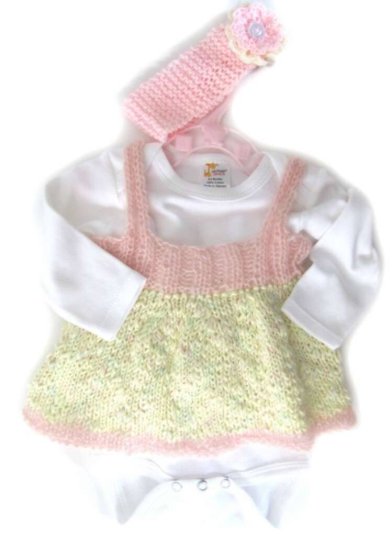 KSS Pink and Yellow Knitted Dress, Onesie and Headband 3 - 9 months - Click Image to Close