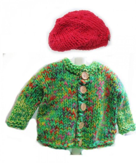 KSS Heavy Green Colorful Sweater/Cardigan & Hat (3 Years) - Click Image to Close