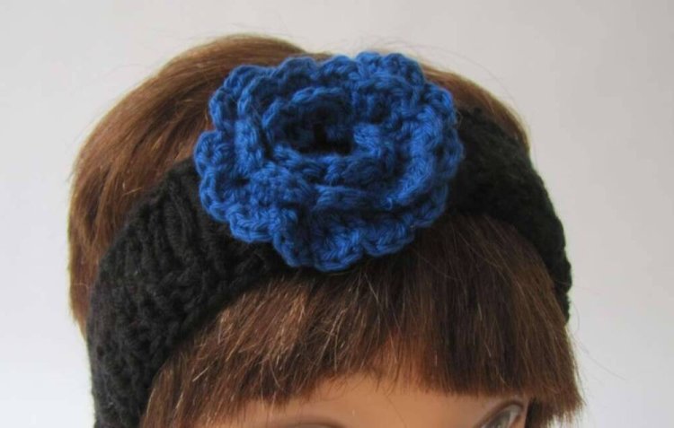 KSS Black Knitted Headband with Blue Flower 17 - 19" - Click Image to Close