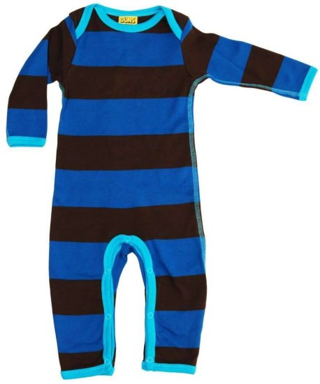 DUNS Organic Cotton Blue / Dark Brown Long Sleeve Striped Onesie NB - Click Image to Close
