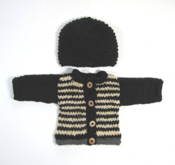 KSS Black/Natural Striped Sweater/Cardigan with a Hat Newborn SW-784 - Click Image to Close