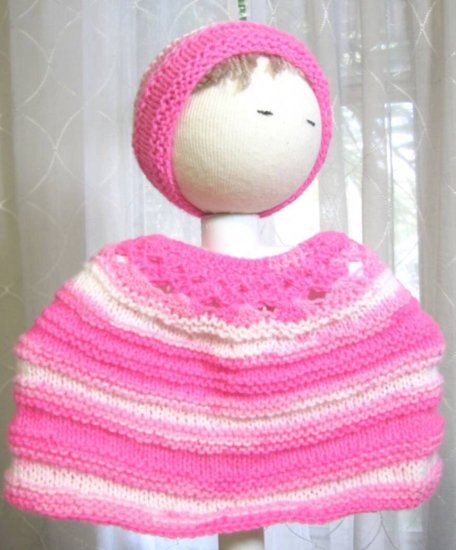 KSS Pink/White Baby Poncho and Hat (6 Months) PO-011 - Click Image to Close