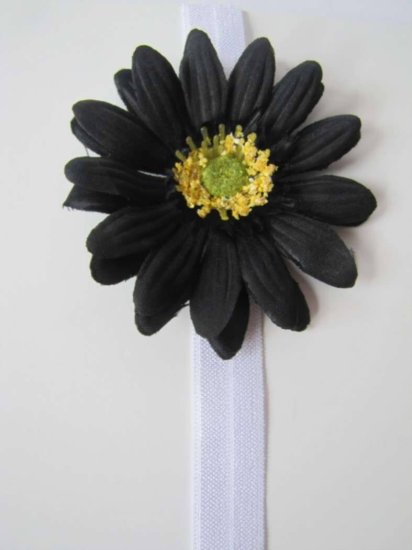 KSS White/Black Elastic Flower Headband 17 - 19" (3 - 4 Years) - Click Image to Close