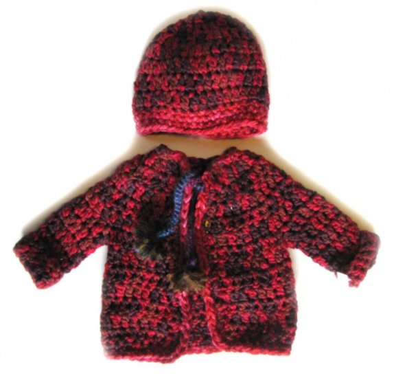 KSS Red/Brown/Purple Sweater/Cardigan with a Hat 6 Months - Click Image to Close