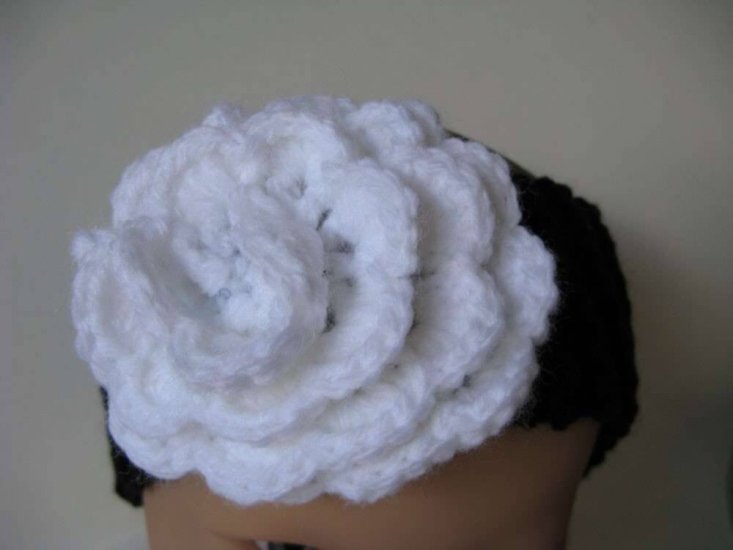 KSS Black Knitted Headband White Flower 12-15" (0-12 Months) - Click Image to Close
