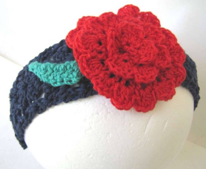 KSS Navy Crocheted Cotton Adjustable Headband 14-18" - Click Image to Close
