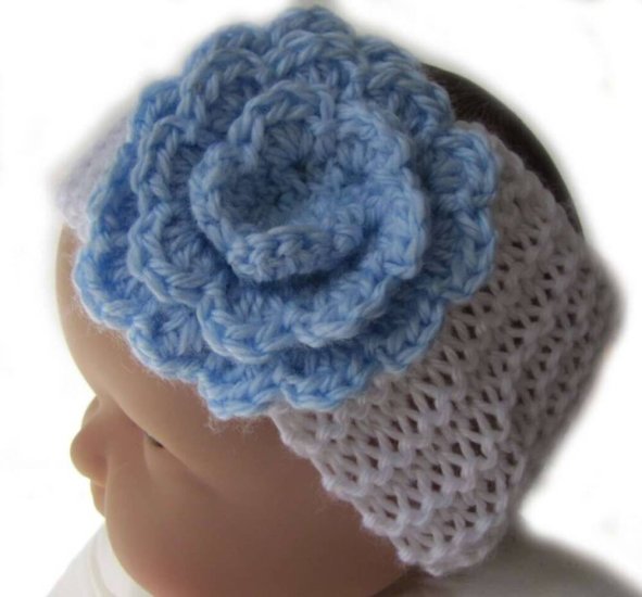 KSS White Knitted Headband Blue Flower 12-15" (0-12 Months) - Click Image to Close