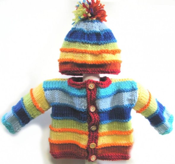 KSS Rainbow Sweater/Cardigan with a Hat (6 - 9 Months) - Click Image to Close