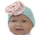 KSS Turquoise Knitted Head Band, Pink flower 14-16"