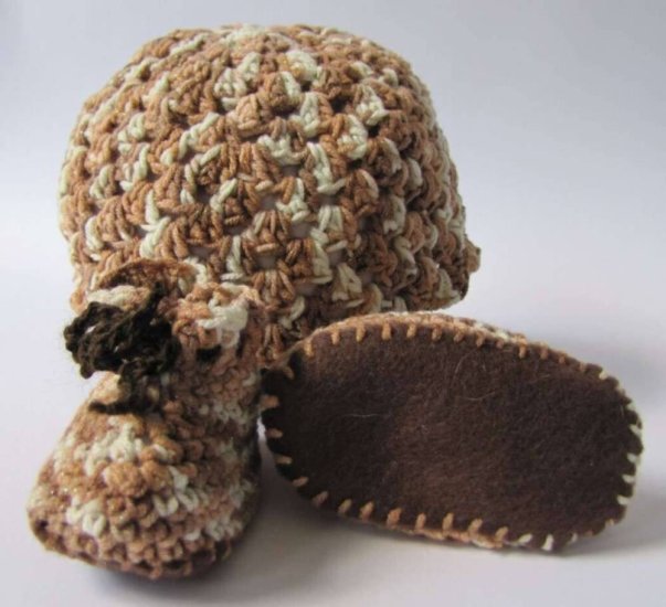 KSS Earth Brown & Beige Booties and Hat set (3-6 Months) - Click Image to Close