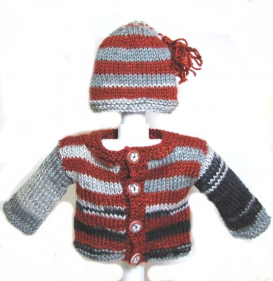 KSS Grey/Red Sweater/Cardigan with a Hat (3 Months) - Click Image to Close