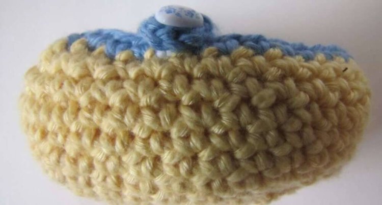 KSS Yellow/Blue Cotton Crocheted Mary Jane Booties (Newborn) - Click Image to Close