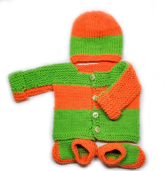 KSS Colorful Knitted Green/Orange Sweater & Hat/Sock (6 Months) SW-1094