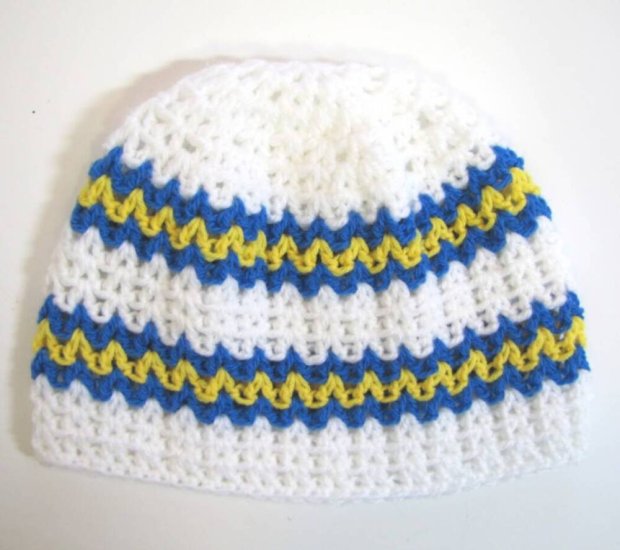 KSS White Beanie with Swedish Colors 13-15 inch (M/3-9 Months)