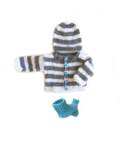 KSS Grey/White Sweater/Cardigan/Hat/Booties (3 Months) - Click Image to Close