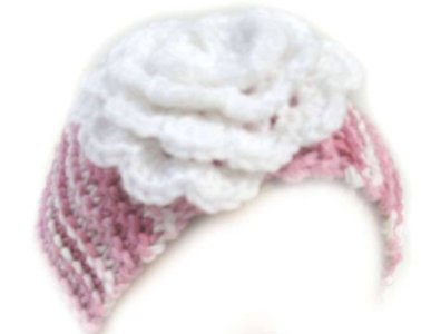 KSS Pink Knitted Headband with White Flower 15-18"