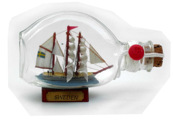 Tall Clipper Ship in a bottle with SWEDEN plaque - Click Image to Close