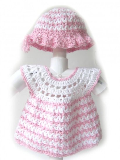 KSS Pink/White Crocheted Dress and Hat 6-9 Months - Click Image to Close