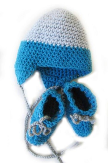 KSS Grey/Teal Cotton Baby Cap and Booties 11 - 12" (0 - 3 Months)