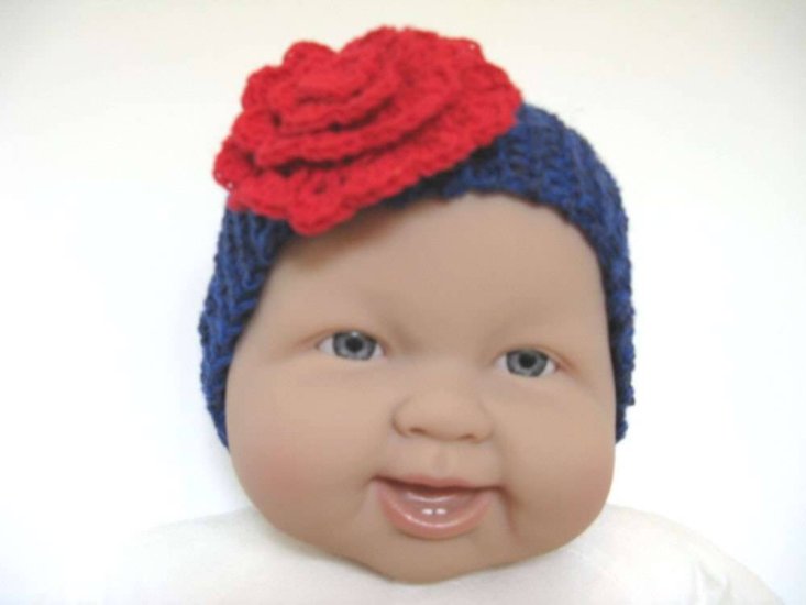 KSS Navy Knitted Headband with Red Flower 12-15" - Click Image to Close