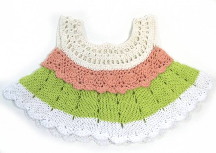 KSS Peach/Green/White Crocheted/Knitted Dress (18 Months)