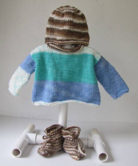 KSS Soft Light Blue and Brown Sweater, Cap & Booties (18 Months) - Click Image to Close