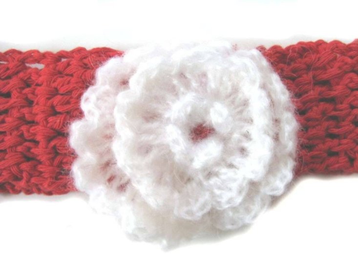KSS Red Crocheted Cotton Headband White Flower 14-16" - Click Image to Close