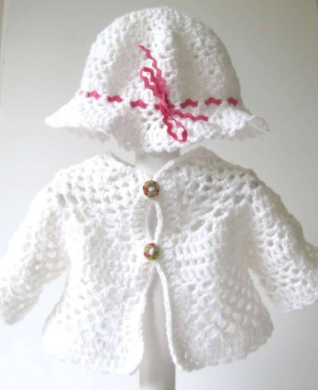 KSS Crocheted White Cardigan and Hat 3 Months - Click Image to Close