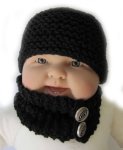 KSS Black Cotton Knitted Hat and Scarf Set 16 - 18"