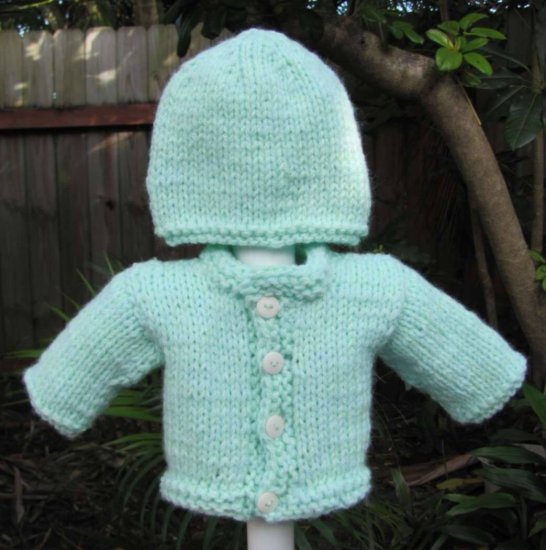 KSS Mint Green Sweater/Cardigan with a Hat (Newborn) - Click Image to Close
