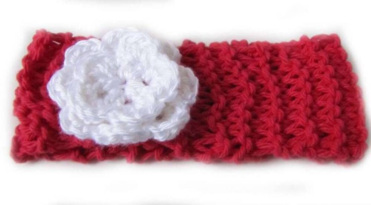 KSS Red Knitted Cotton Headband White Flower 12-14" HB-100 - Click Image to Close