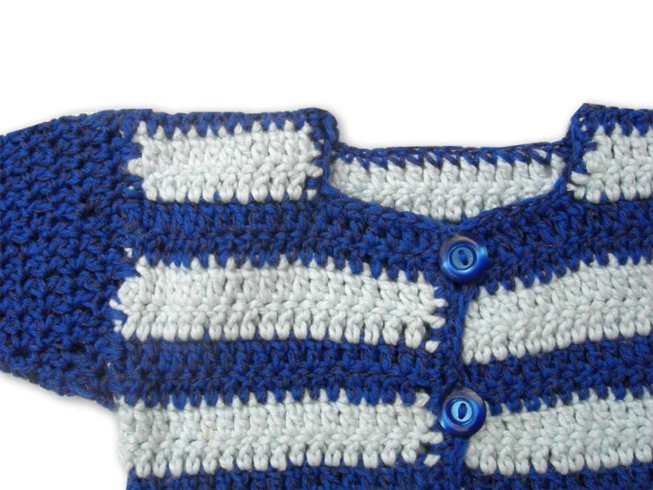 Crocheted Navy/Lightblue Cotton Cardigan Jacket 6 Months - Click Image to Close