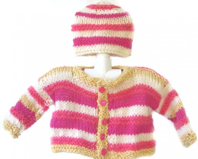 KSS Very Soft Pinkish Striped Cardigan, Booties and Hat 6 Months - Click Image to Close