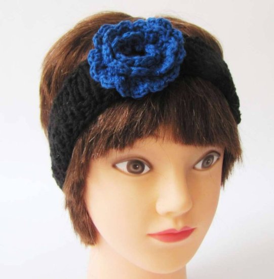 KSS Black Knitted Headband with Blue Flower 17 - 19" - Click Image to Close