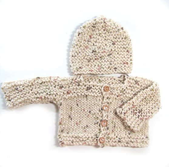 KSS Natural Colored Cotton Sweater/Cardigan with Hat Newborn - 3 Months