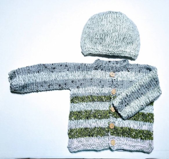 KSS Grey Striped Baby Sweater/Jacket & Hat (9 Months) SW-1030